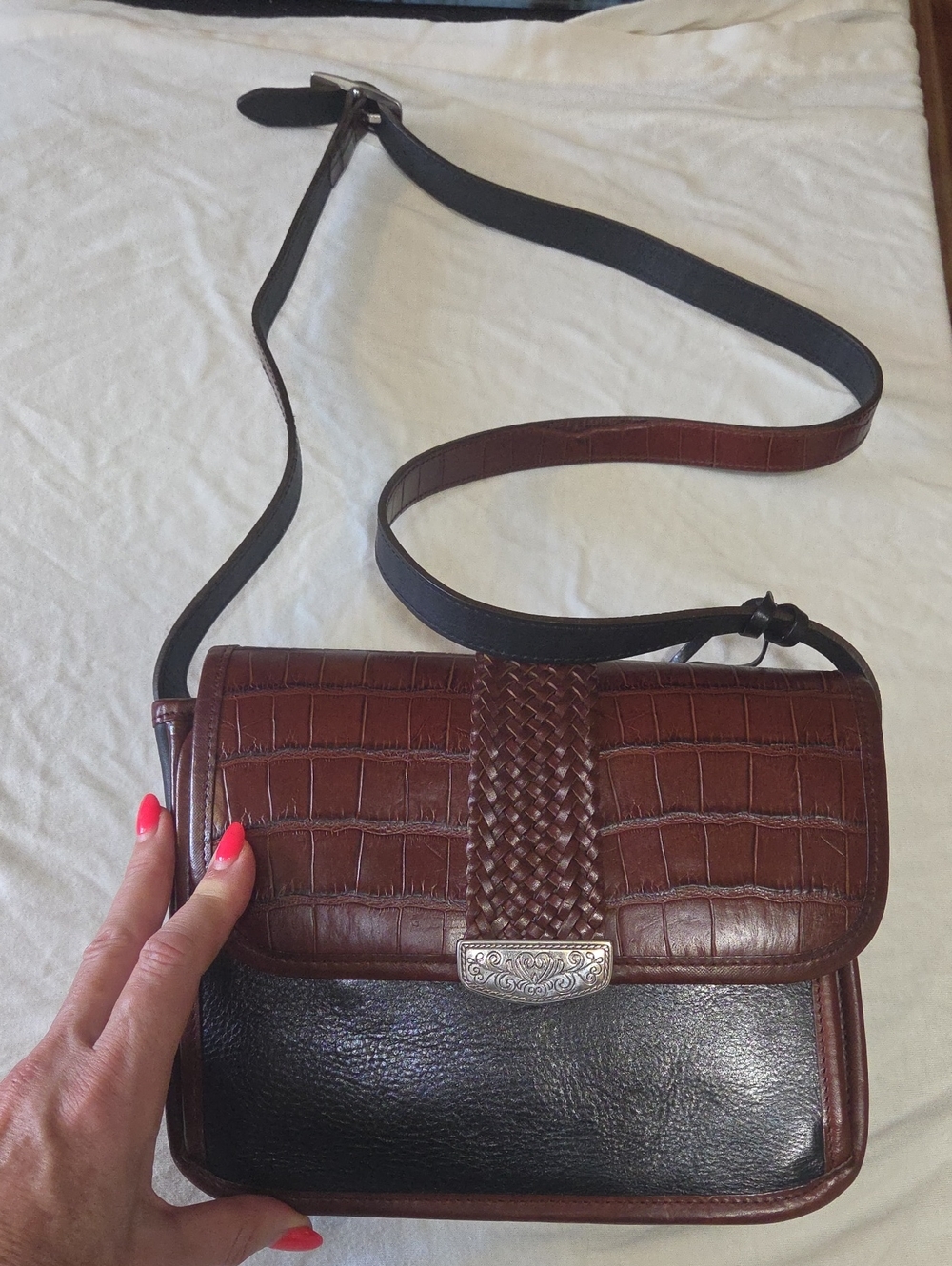 Brown and Black Woven Accent Crossbody Bag